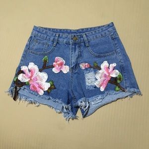 Denim Embroidered Shorts